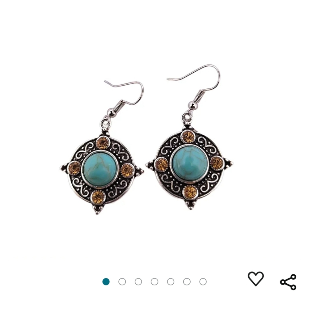 NATURAL TURQUOISE  ANTIQUE SILVER DISC ACCENT EARRINGS